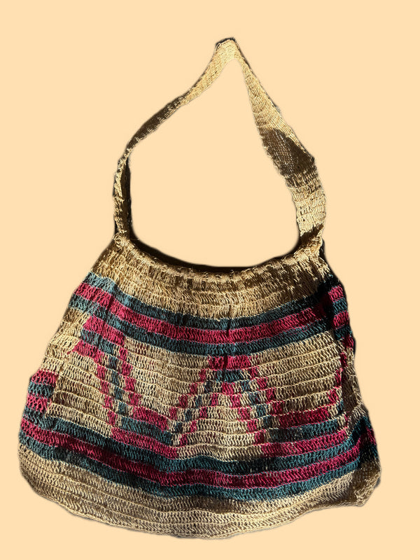 Bilum Natural Bark Weave - Maroon, Natural & Deep Sea Green Small