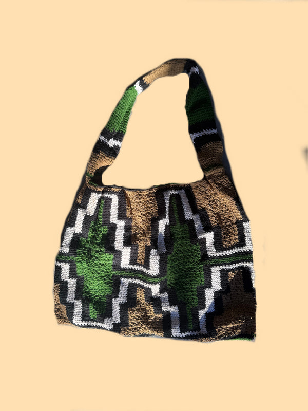 Bilum Wool Weave - Forest Green, Sandy Brown, Black and White Medium